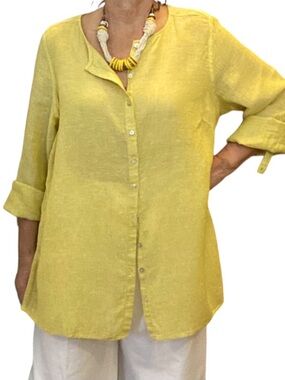 Tahari 100% Linen Yellow Tunic Shirt Size 1X EUC coastal beach resort